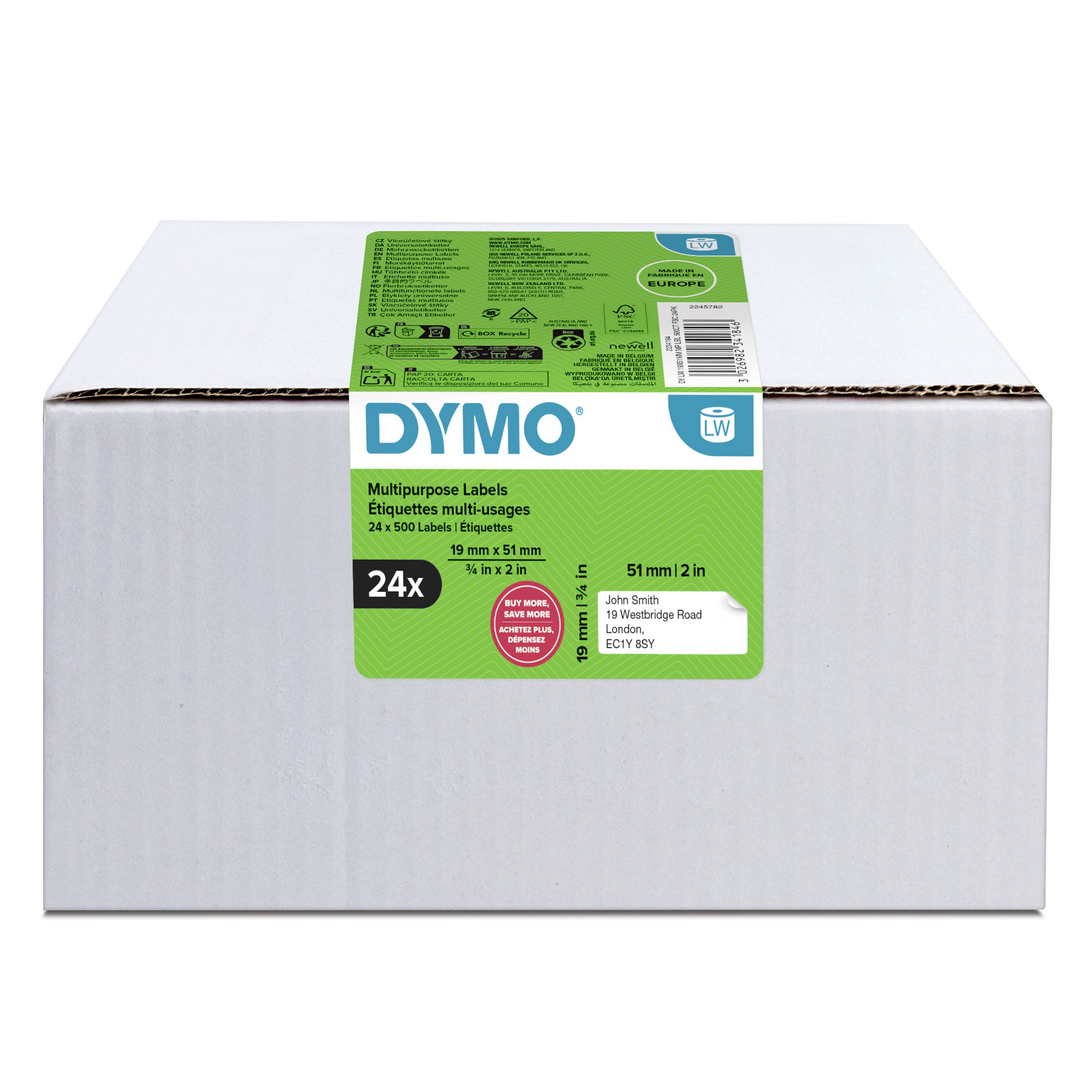 Boîte d'étiquettes multiusages DYMO, 24 feuilles, avec étiquette verte sur le devant indiquant la taille de l'étiquette 19 mm x 51 mm et code-barres