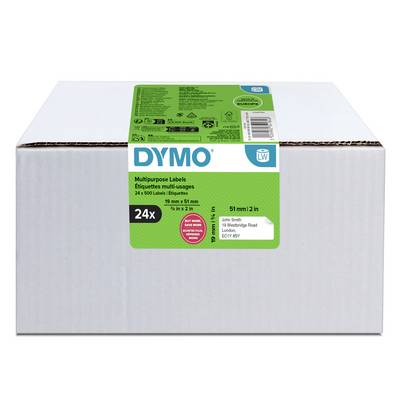 Boîte d'étiquettes multiusages DYMO, 24 feuilles, avec étiquette verte sur le devant indiquant la taille de l'étiquette 19 mm x 51 mm et code-barres