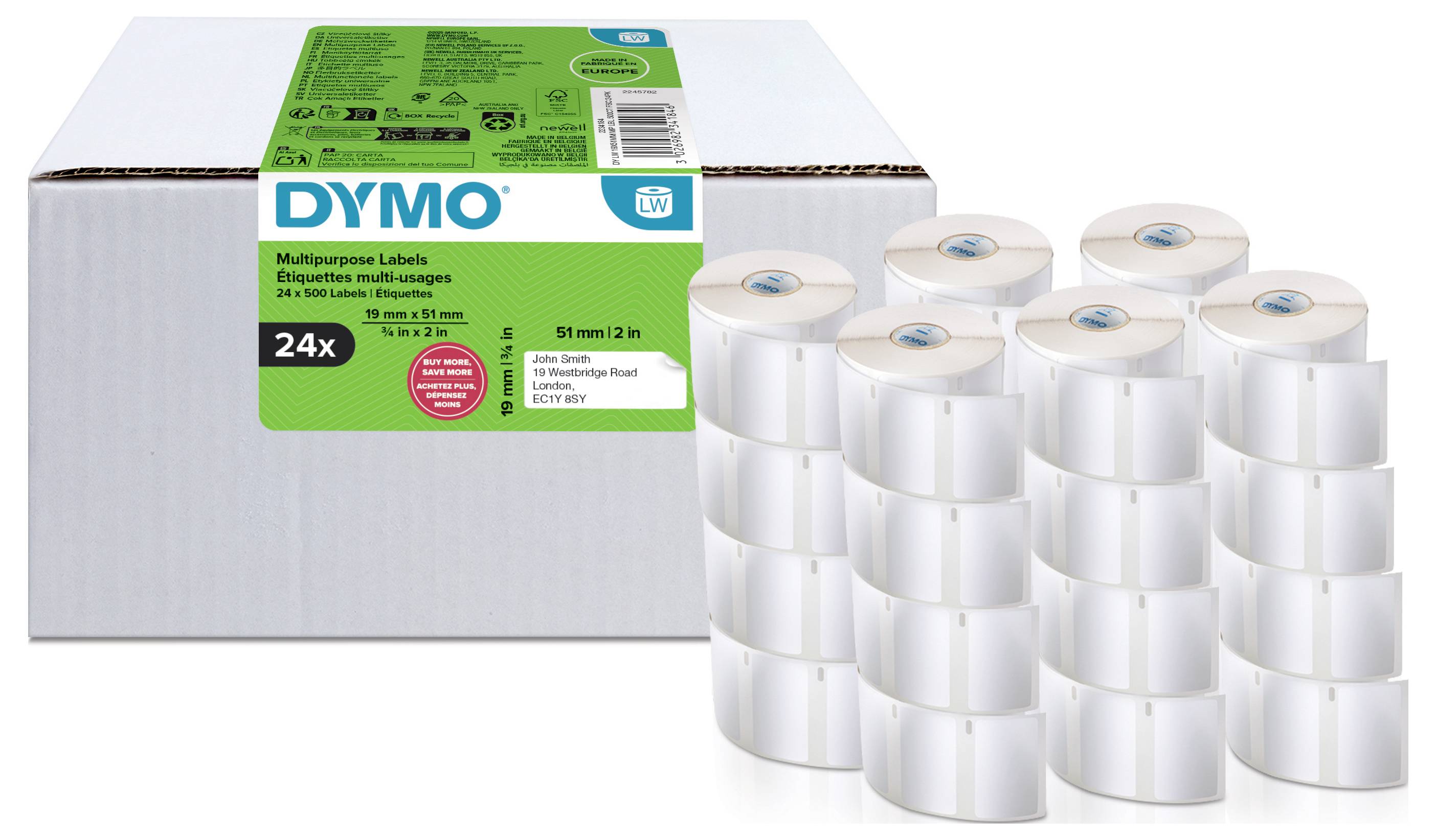 Boîte d'étiquettes multiusages DYMO avec plusieurs rouleaux d'étiquettes blancs empilés à côté, montrant un pack de 24 étiquettes pour imprimantes.