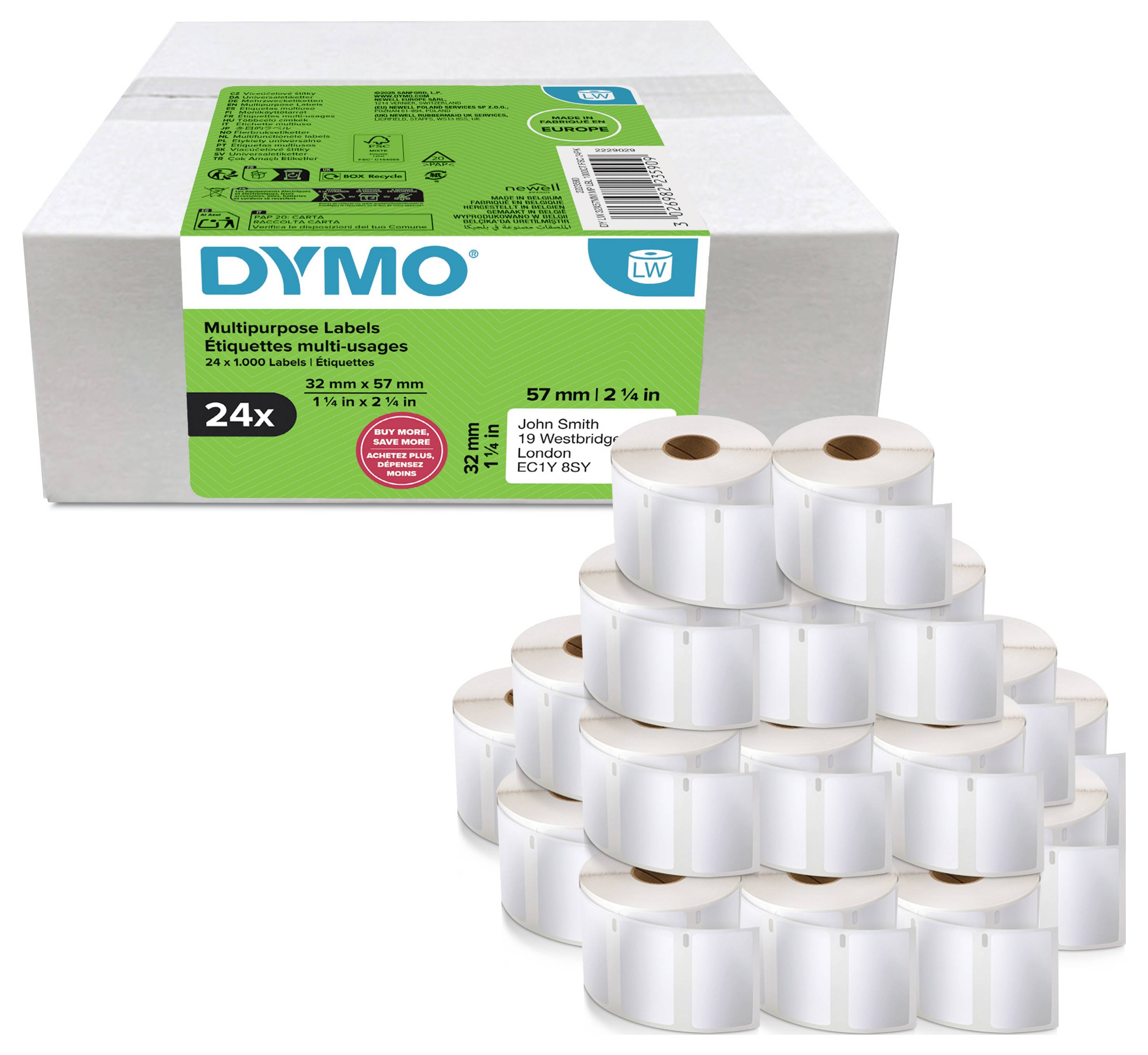 Boîte de rouleaux d'étiquettes polyvalentes DYMO avec des rouleaux d'étiquettes blancs empilés en avant, affichant 24 rouleaux, étiquettes de 57 mm x 32 mm.