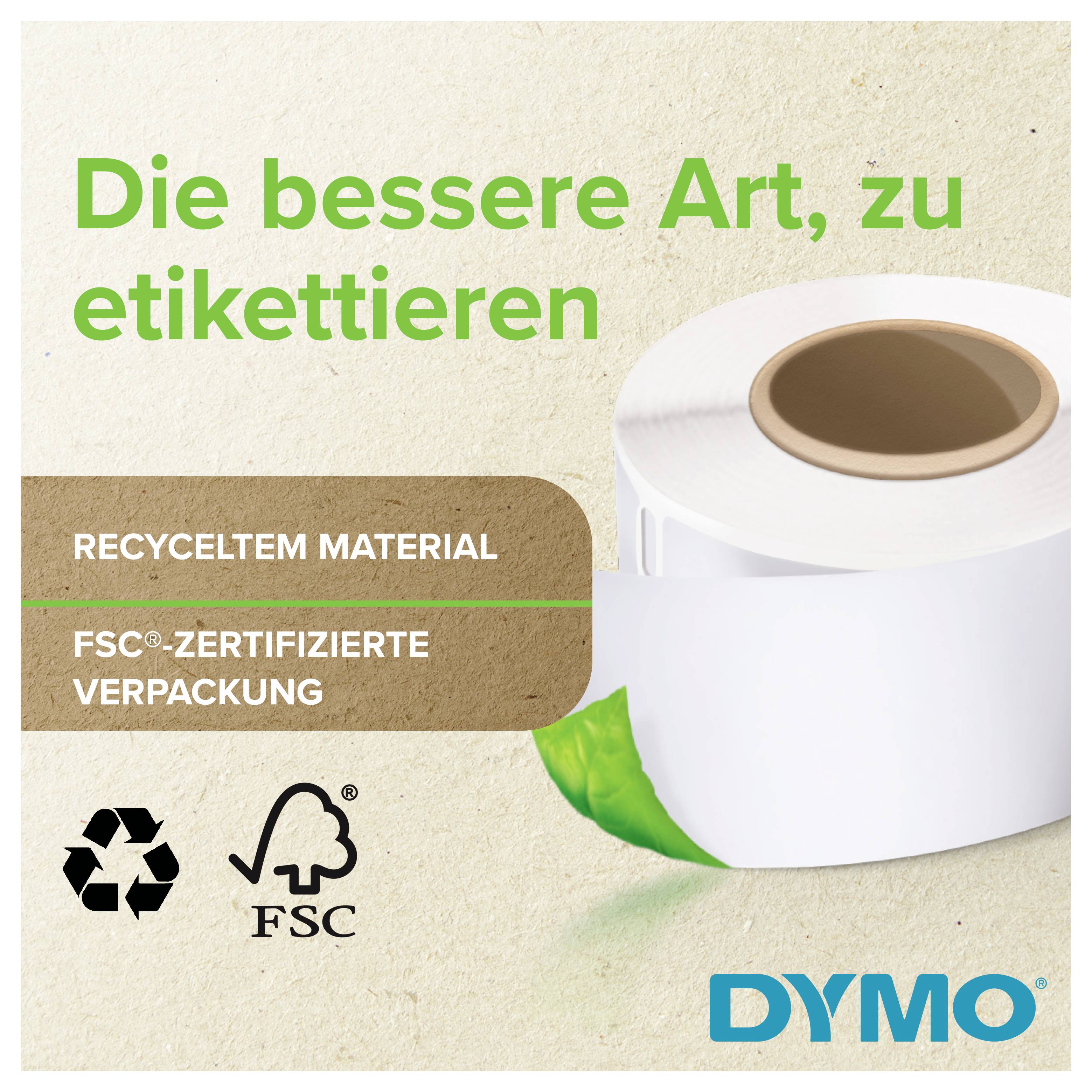 Publicité pour les étiquettes DYMO montrant un rouleau de matériau d'étiquette blanc avec le texte « La meilleure façon d'étiqueter », « Matériau recyclé » et « Emballage certifié FSC » avec les logos de recyclage et FSC.