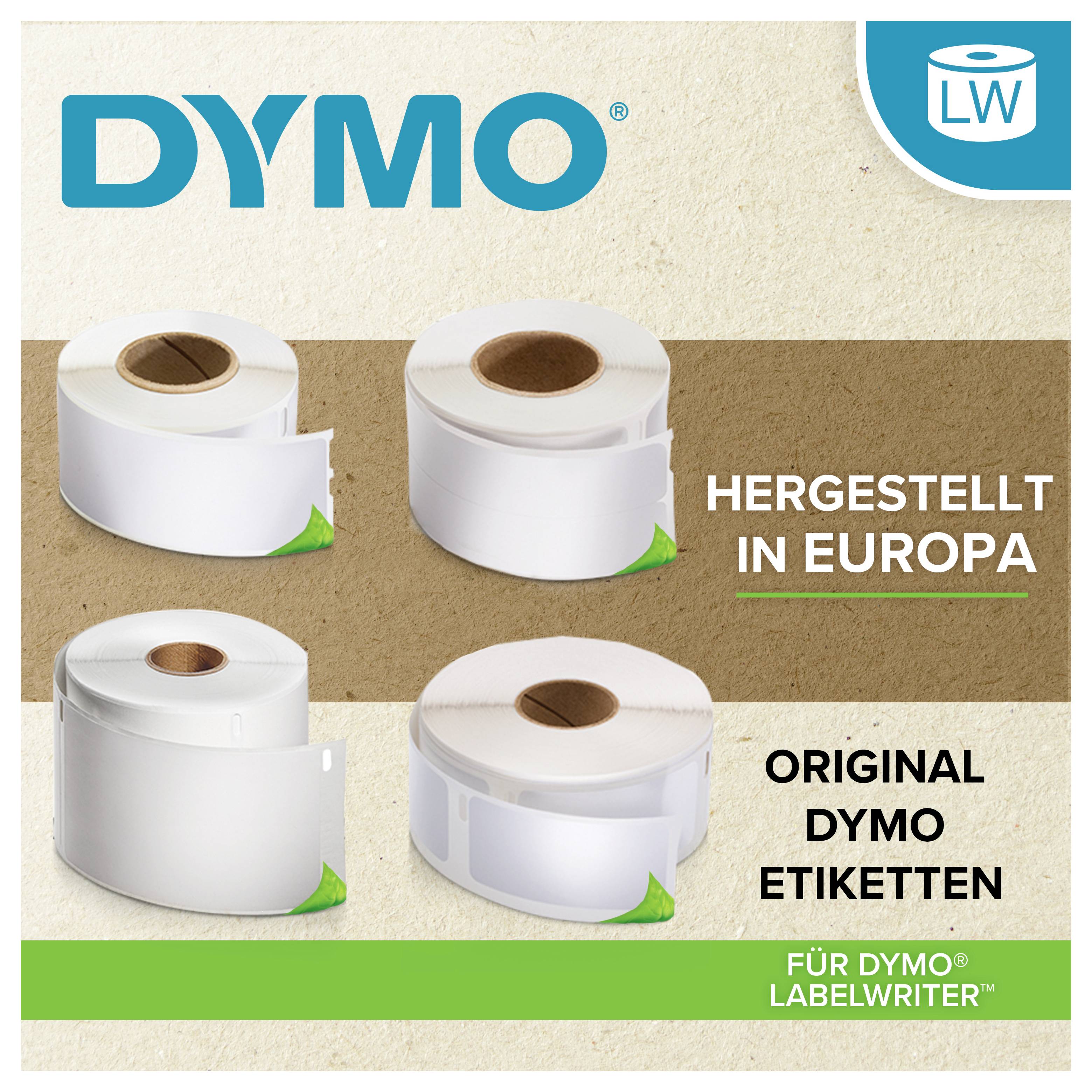 Rouleaux d'étiquettes DYMO affichant quatre rouleaux d'étiquettes blancs et le texte « FABRIQUÉ EN EUROPE », « ÉTIQUETTES DYMO ORIGINALES » et « POUR DYMO LABELWRITER ».