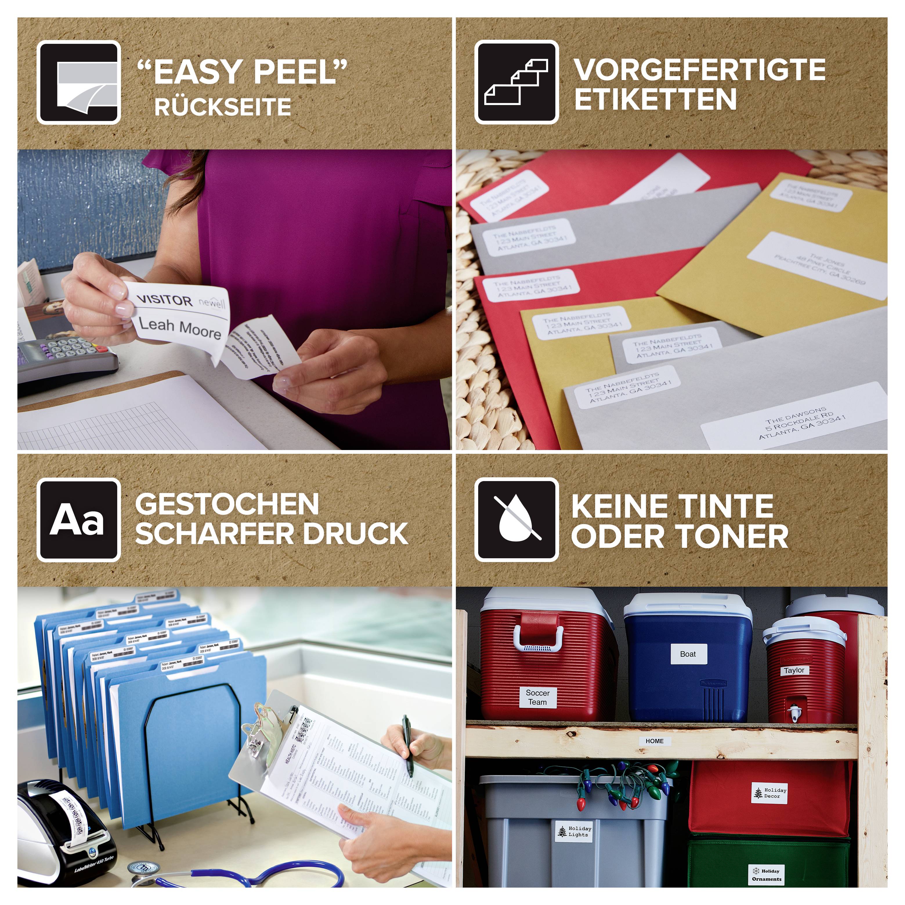 Graphique promotionnel allemand à quatre panneaux montrant des étiquettes et des bacs de rangement, mettant en évidence le dos « FACILE À DÉCOLLER », les étiquettes préimprimées, l'impression nette et sans encre ni toner.