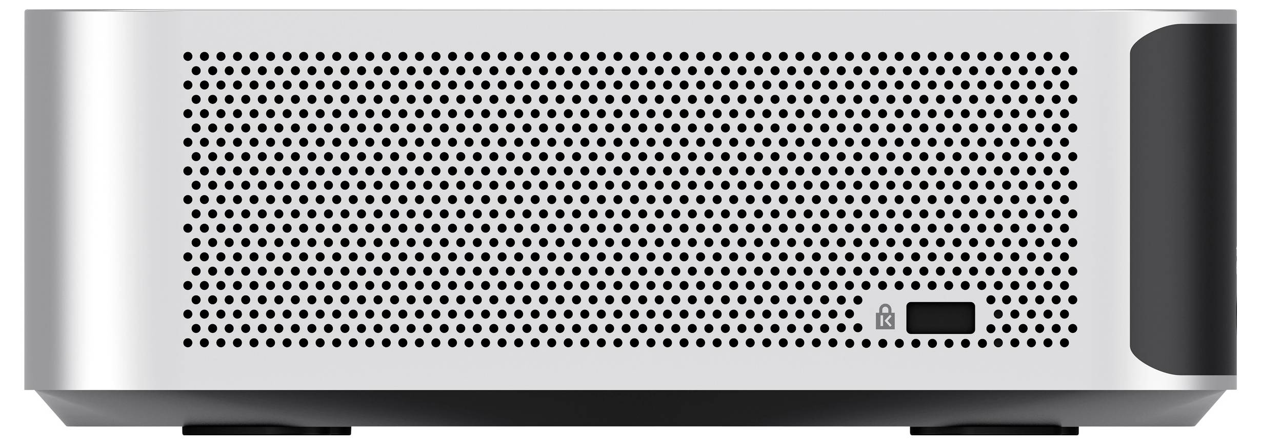 Vue de face d'un appareil audio argenté avec une grille de haut-parleur perforée et une petite icône de cadenas à côté d'un écran sombre ou d'un bouton sur le côté droit.