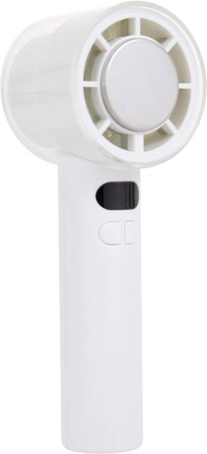 Ventilateur électrique portatif blanc avec grille avant ronde, interrupteur d'alimentation latéral et long manche sur fond blanc uni.