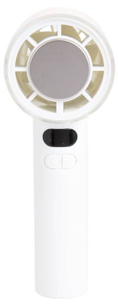 Appareil portable blanc avec une tête circulaire ventilée et un curseur noir sur la poignée.