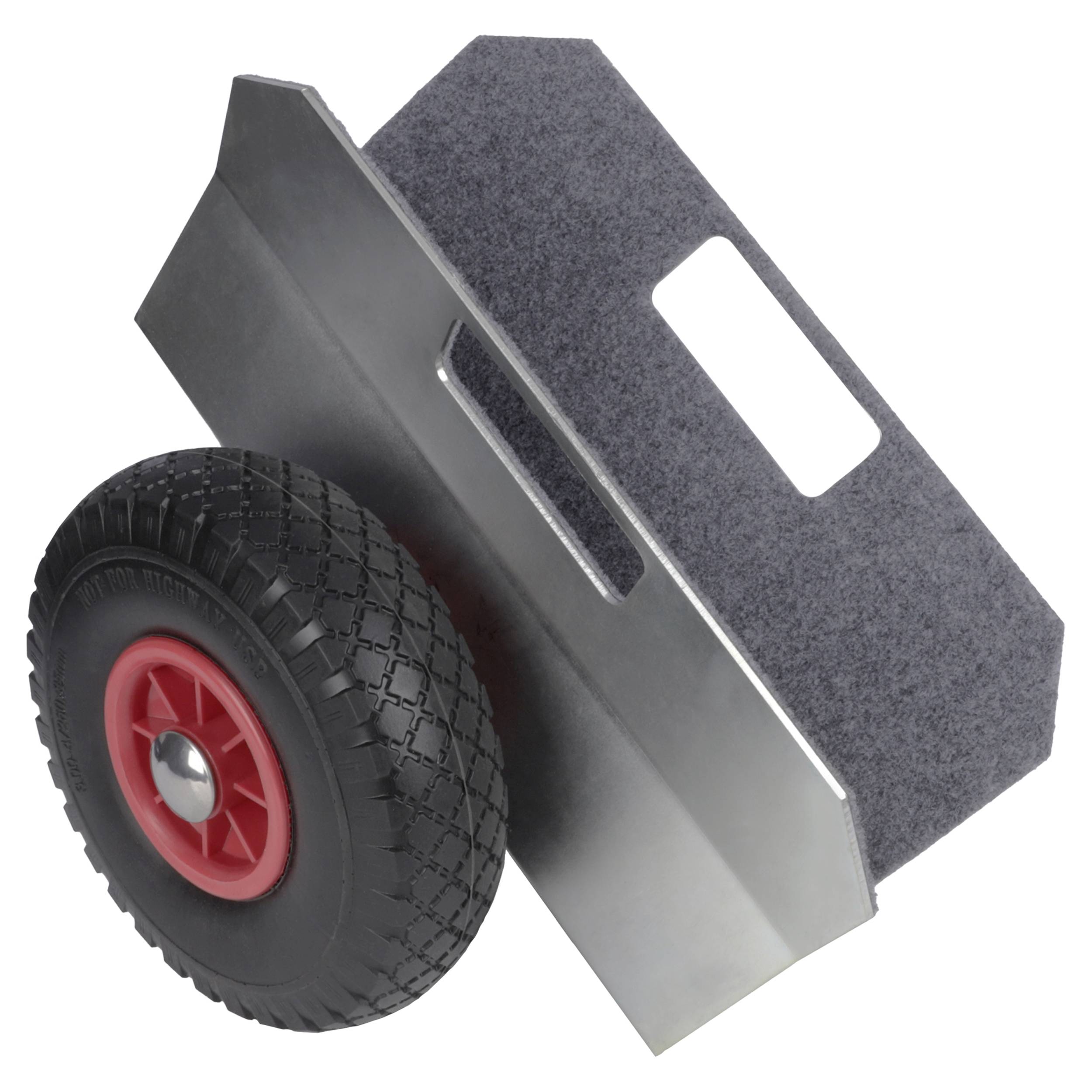 Un diable de manutention avec un grand pneu noir et un moyeu rouge, présenté en vue trois-quarts sur un fond blanc.