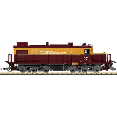 Vue latérale d'une locomotive Durango & Silverton numéro 101 de couleur bordeaux et orange.