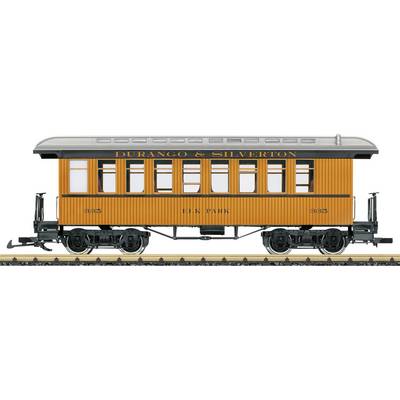 Voiture de passagers de chemin de fer vintage orange et noir portant les inscriptions « DURANGO & SILVERTON » et « LIRIS PARK » sur les rails, vue latérale.
