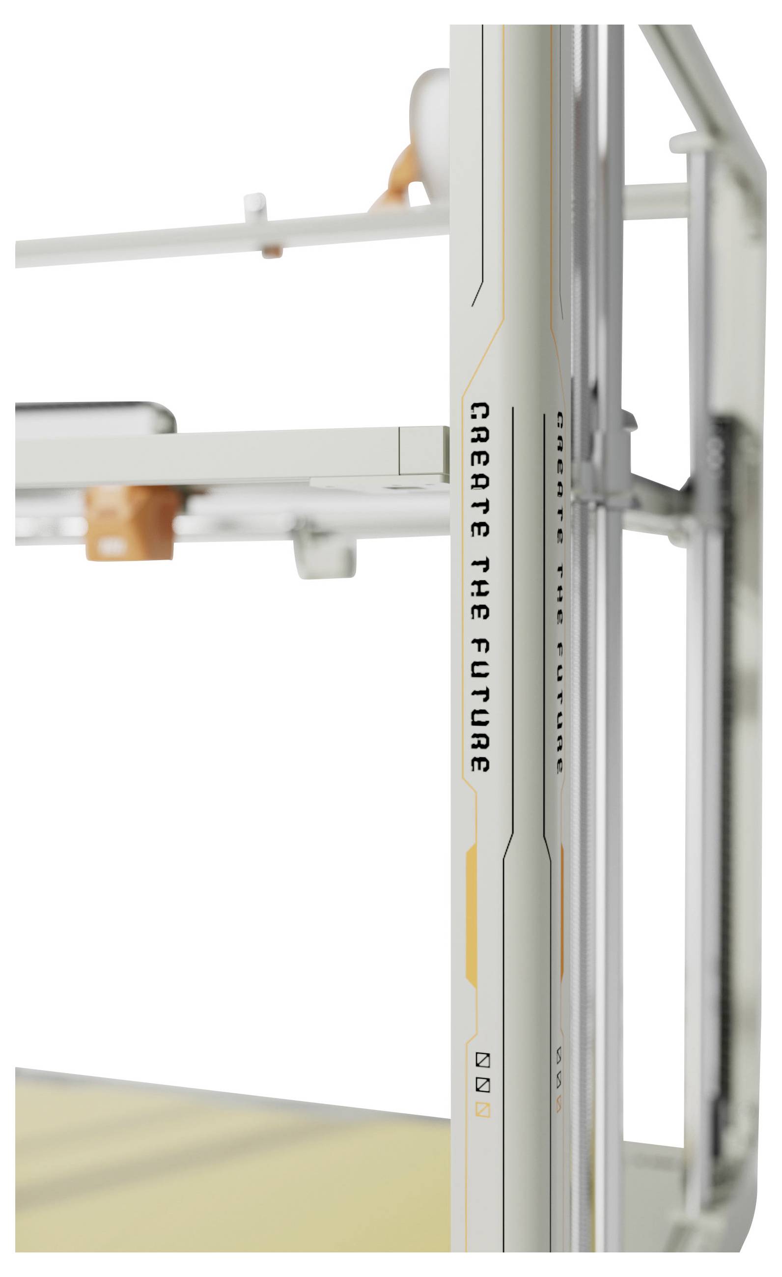 Gros plan du cadre d'une imprimante 3D avec un rail vertical argenté étiqueté « CREATE THE FUTURE ».