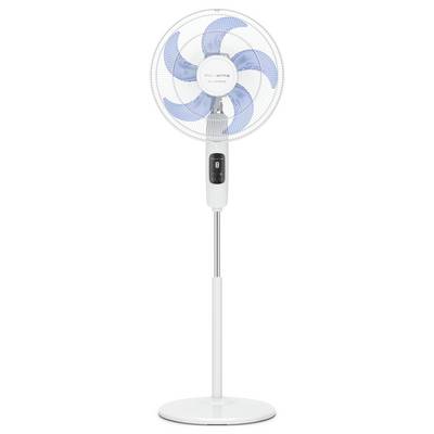 Ventilateur sur socle blanc avec pales bleues, mât ajustable et panneau de contrôle noir sur une base ronde.