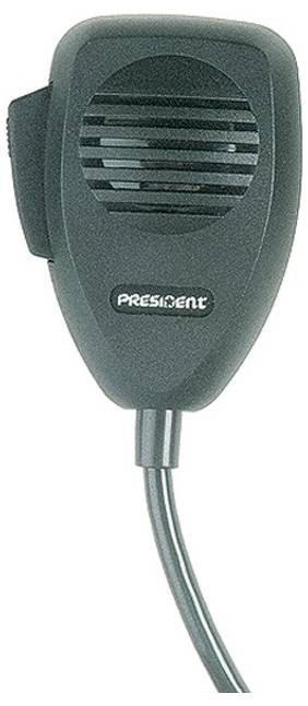Gros plan d'un microphone filaire de marque President de couleur noire avec une grille circulaire et un câble attaché.