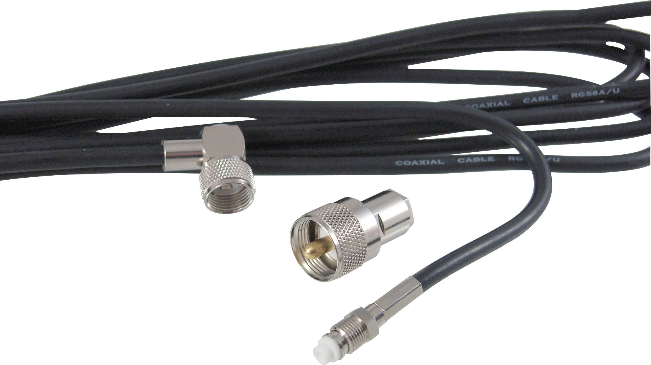 Câble coaxial avec deux connecteurs F métalliques et un connecteur fileté plus petit sur fond blanc.