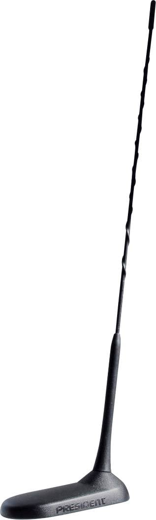 Microphone portable noir avec une longue tige et une base arrondie, étiqueté « PRESIDENT », présenté dressé sur un fond blanc.