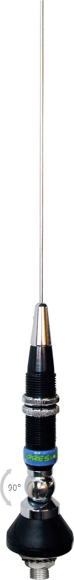Une antenne grande et fine avec une base noire et un connecteur chromé, présentée en position verticale sur un fond blanc.