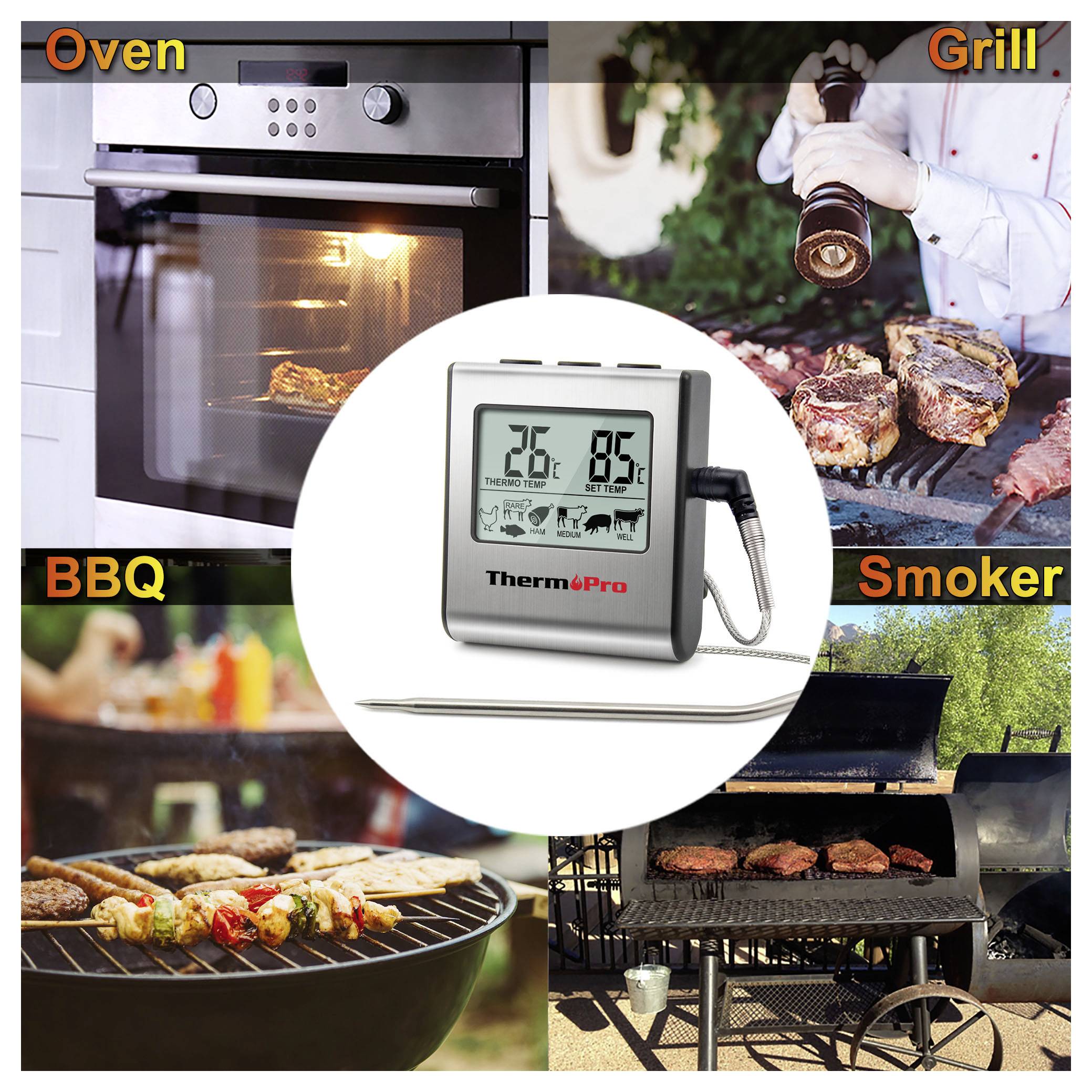 Collage montrant un thermomètre à viande numérique ThermoPro avec sonde, utilisable pour la cuisson au four, au gril, au barbecue et au fumoir.