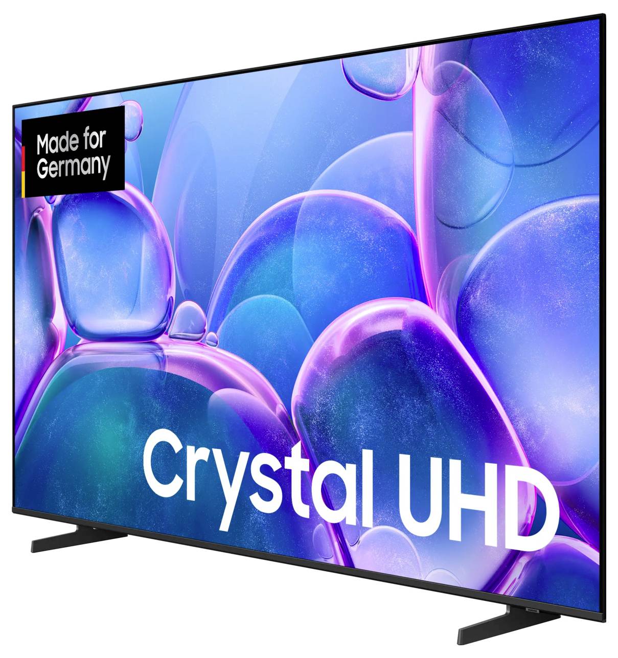 Téléviseur à écran plat affichant des bulles abstraites colorées bleu et violet avec le texte « Crystal UHD » et un badge « Fabriqué pour l'Allemagne ».