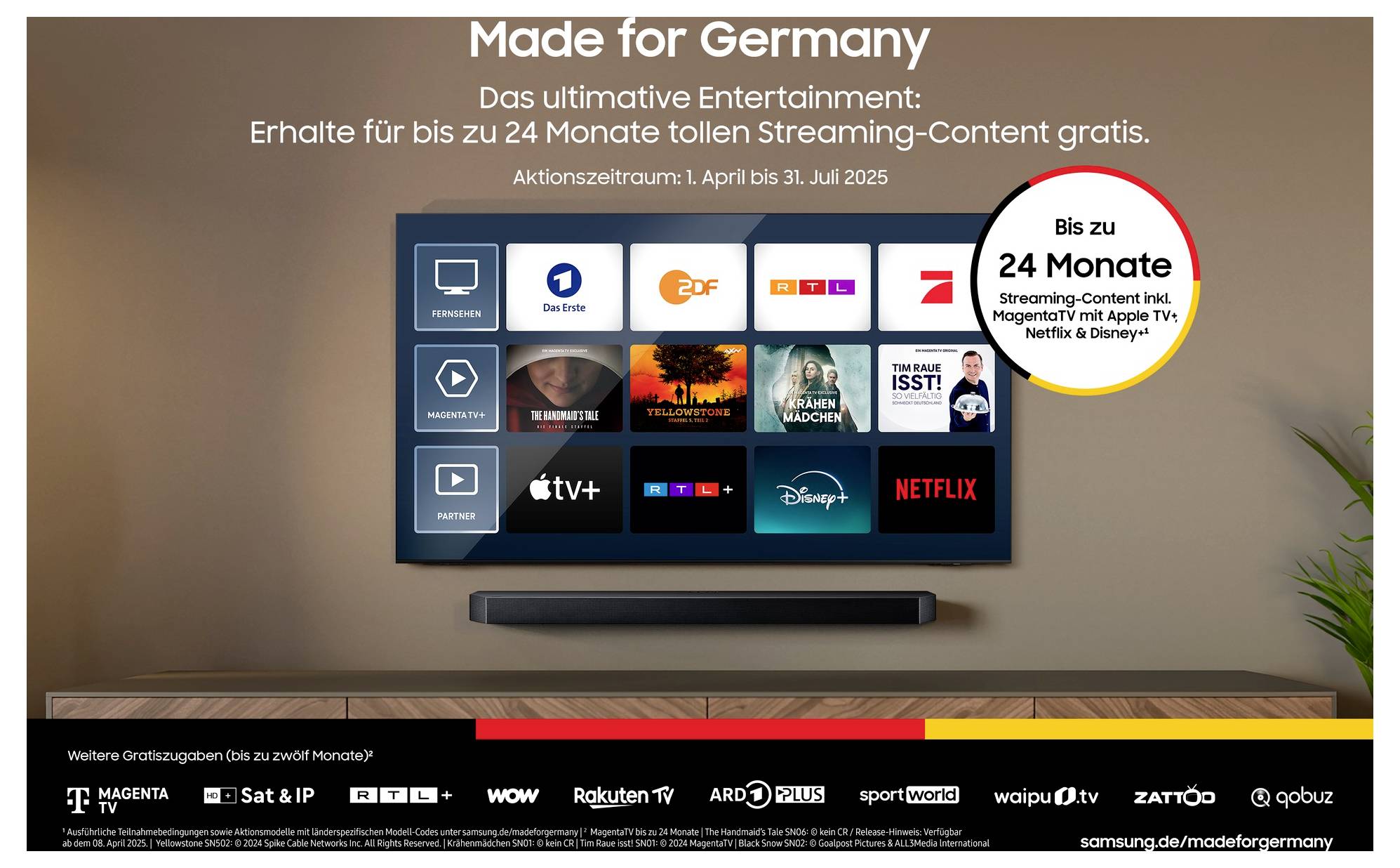 Promotion de streaming allemande avec téléviseur affichant les logos des services et texte d'offre : « Jusqu'à 24 mois de contenu de streaming gratuit » et dates de campagne « 1er avril au 31 juillet 2025 ».
