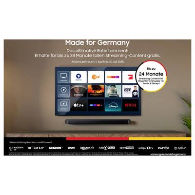 Promotion de streaming allemande avec téléviseur affichant les logos des services et texte d'offre : « Jusqu'à 24 mois de contenu de streaming gratuit » et dates de campagne « 1er avril au 31 juillet 2025 ».