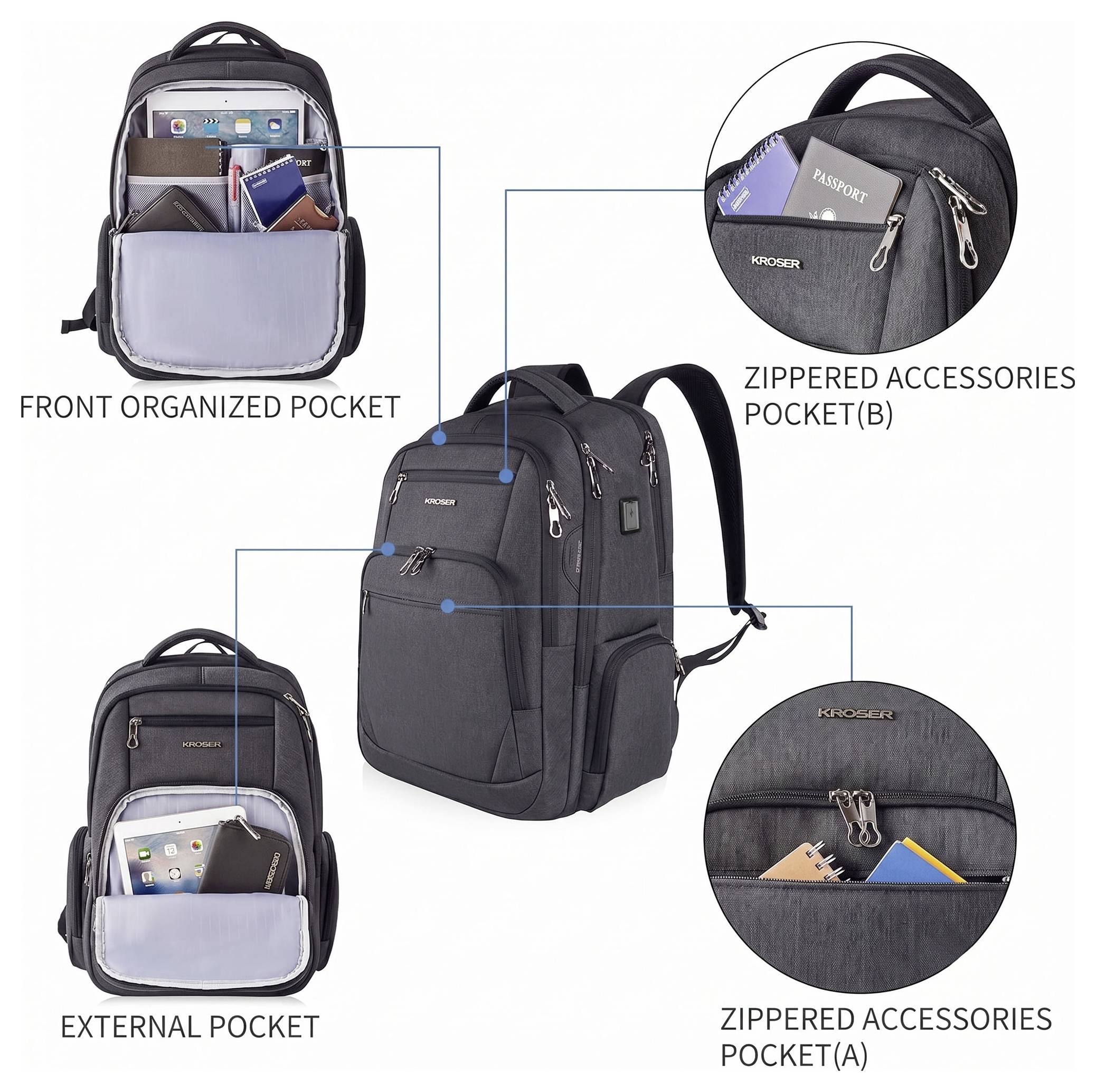 KROSER Sac à dos Travel Laptop Backpack 17.3 XL Dimension maximale: 43,9 cm (17,3") noir-2