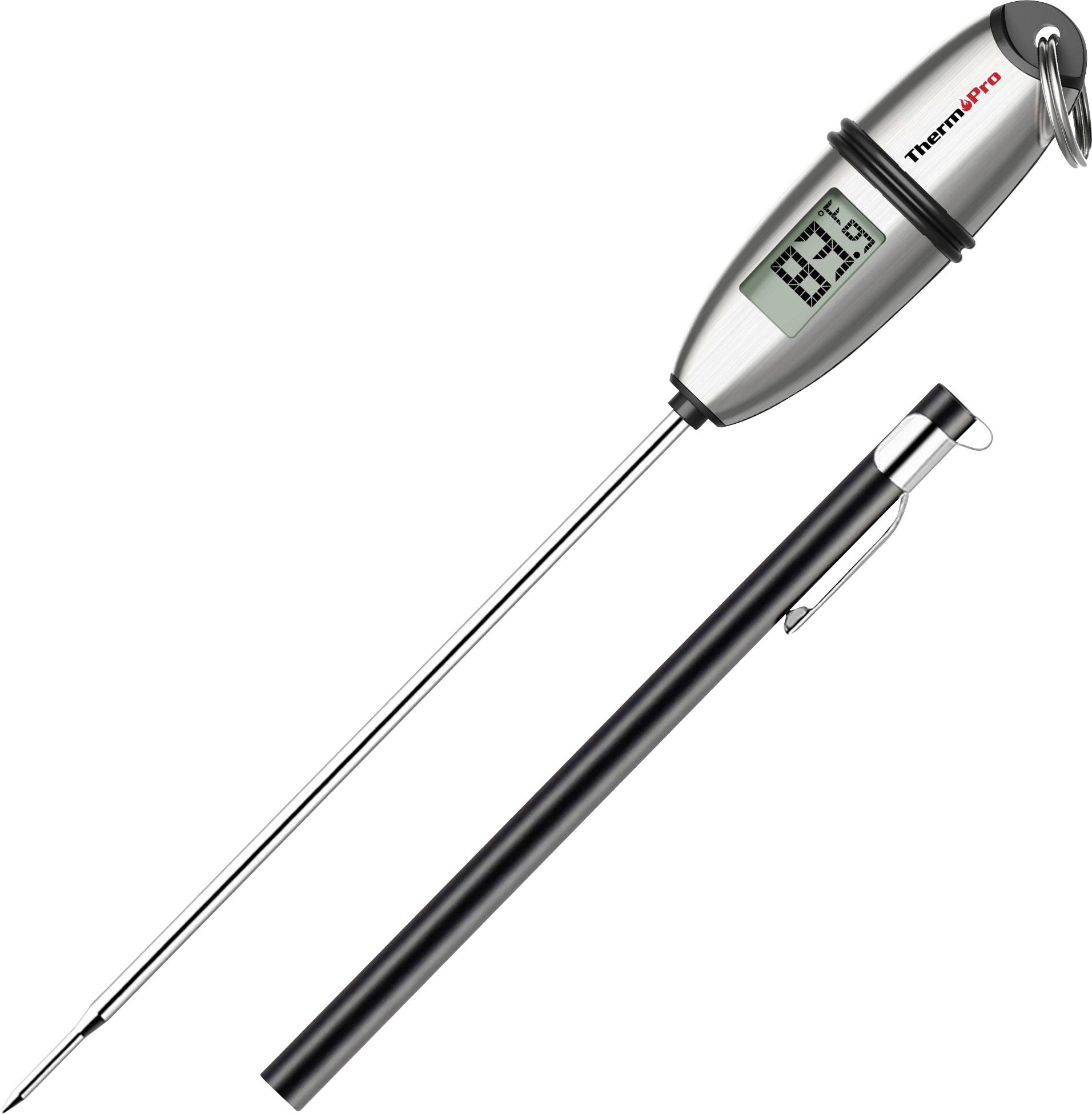 Thermomètre à sonde numérique avec tige en acier inoxydable de grande longueur, gaine de protection noire, et affichage indiquant 89,9.