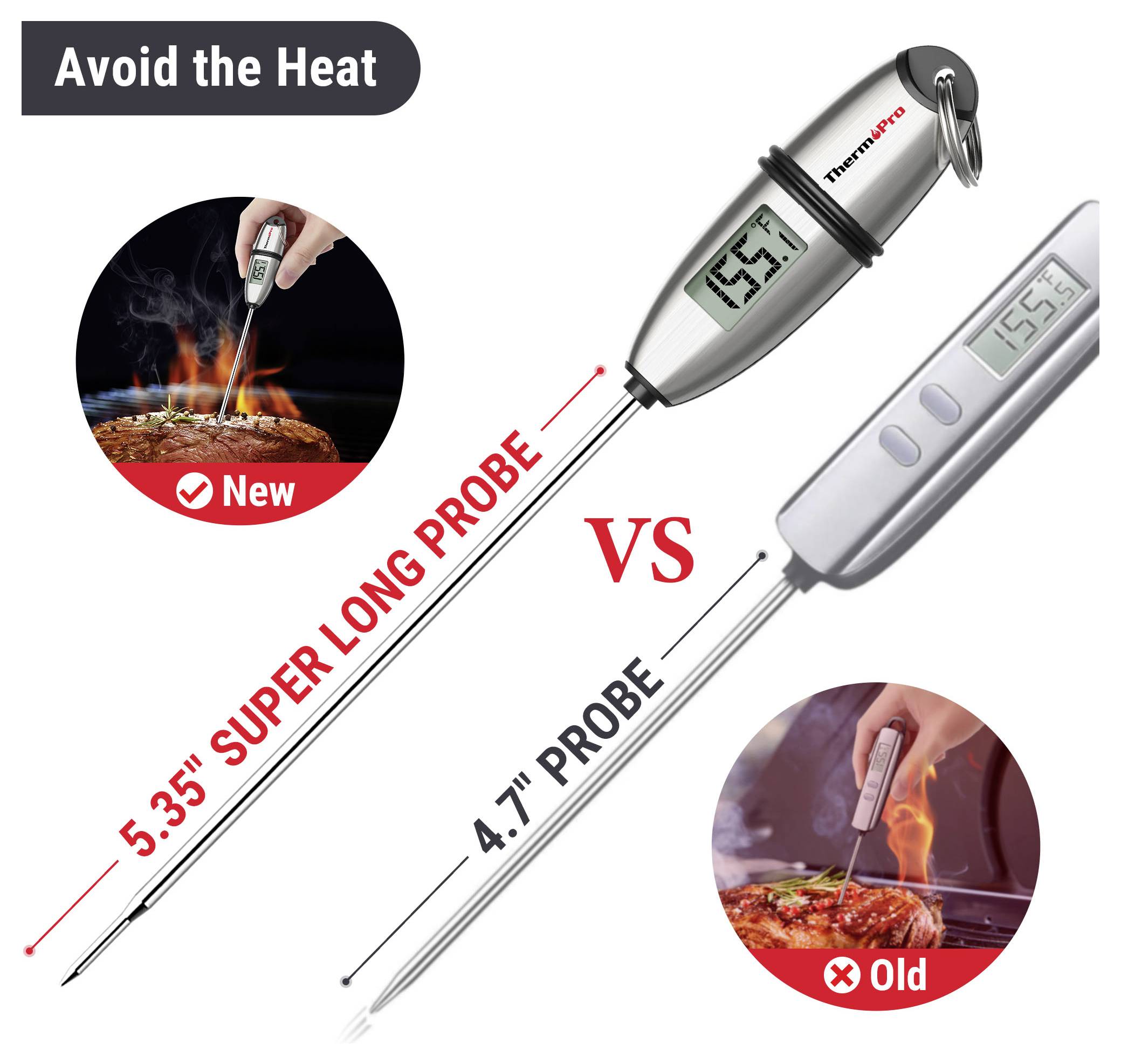 Graphique de comparaison montrant les thermomètres à viande « sonde super longue 5,35 » par rapport à « sonde 4,7 », avec la sonde plus longue étiquetée « Nouveau » et « Évitez la chaleur ».