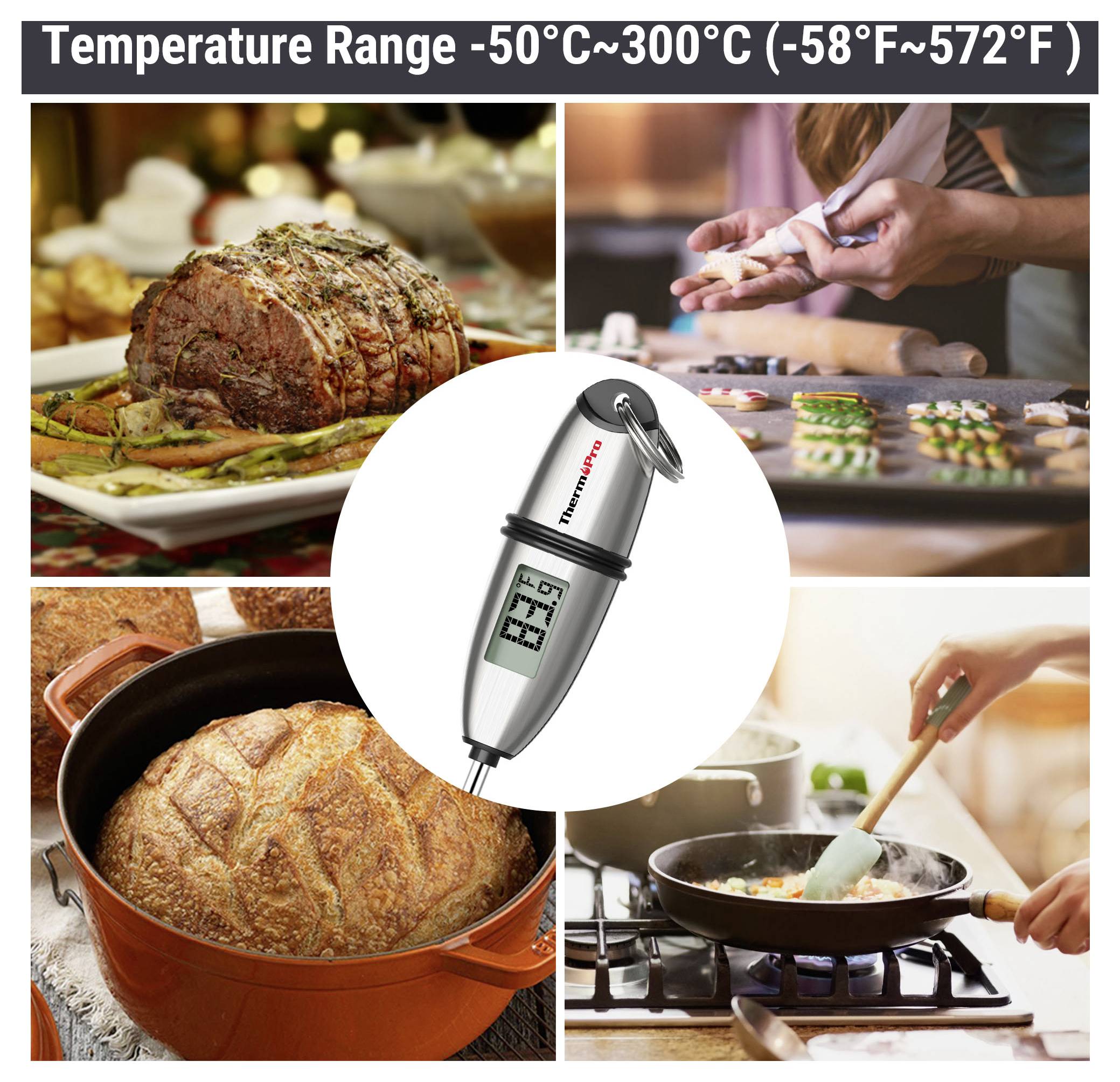 Image promotionnelle d'un thermomètre numérique pour la viande et la cuisine, étiqueté « Plage de température -50°C~300°C (-58°F~572°F) », présenté avec des scènes de rôtissage, cuisson au four et cuisson à la poêle.