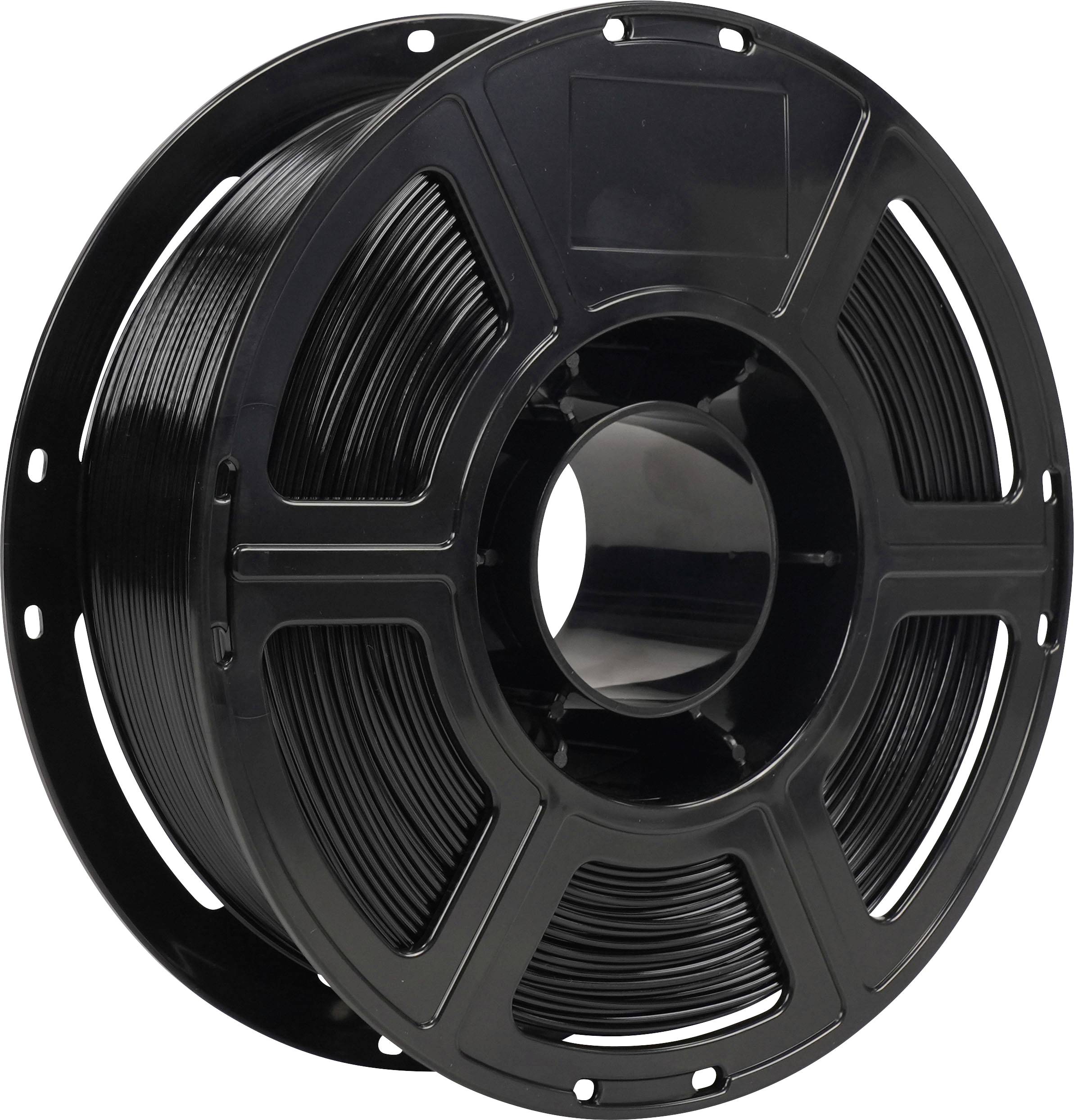 Bobine noire de filament d'imprimante 3D vue de face sur un fond blanc.
