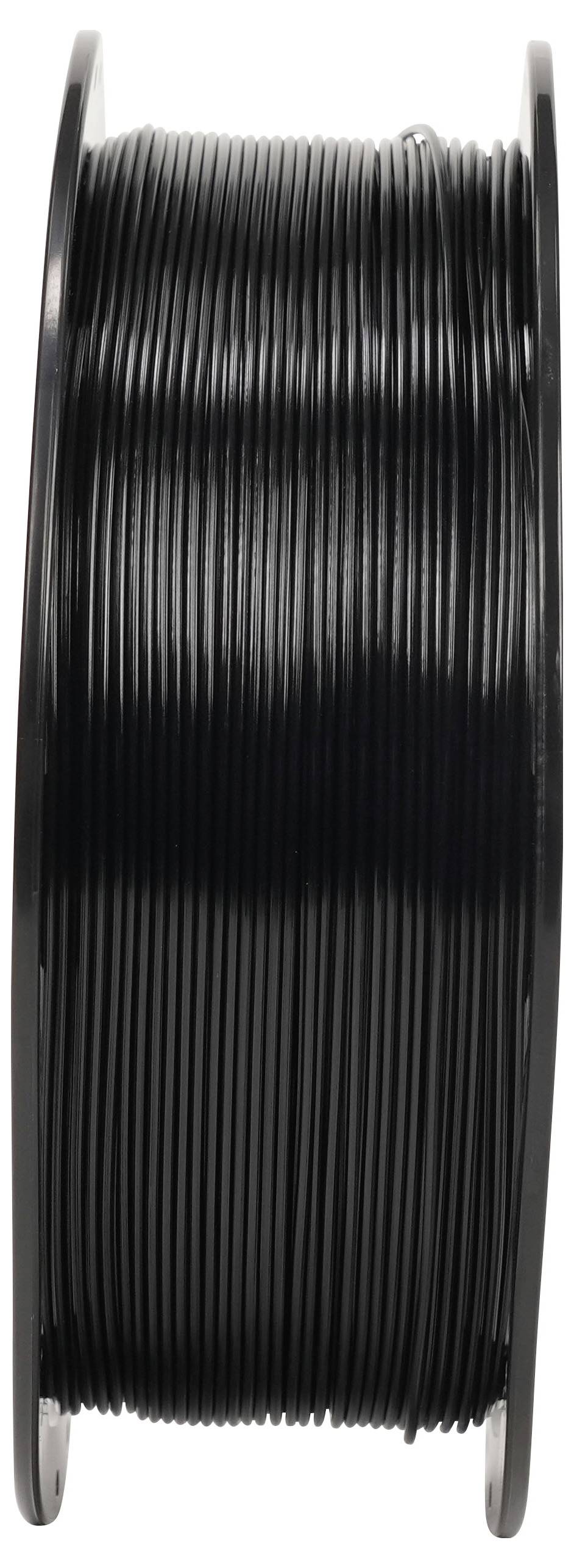Une bobine de filament ou câble noir enroulé étroitement sur une bobine, montré sur un fond blanc.