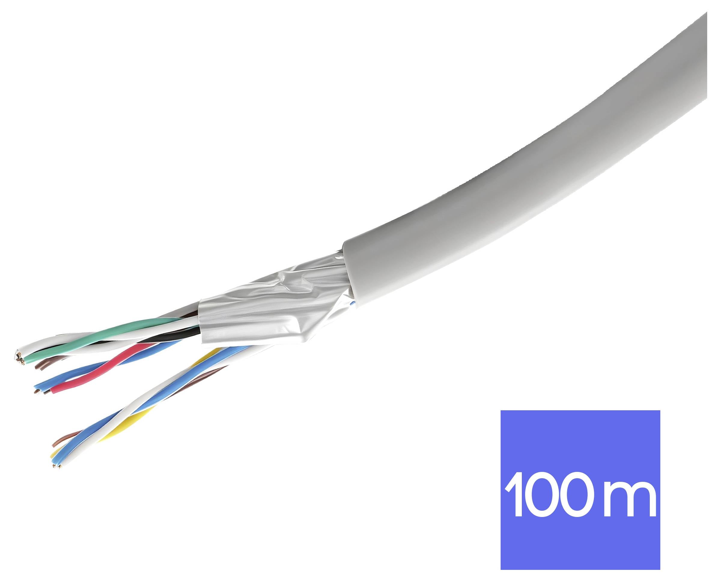 Câble Ethernet coupé avec fils torsadés exposés, étiqueté « 100 m » dans une boîte bleue.