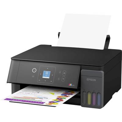 Imprimante à jet d'encre Epson noire imprimant un document en couleur, avec réservoirs d'encre frontaux visibles et panneau de commande.