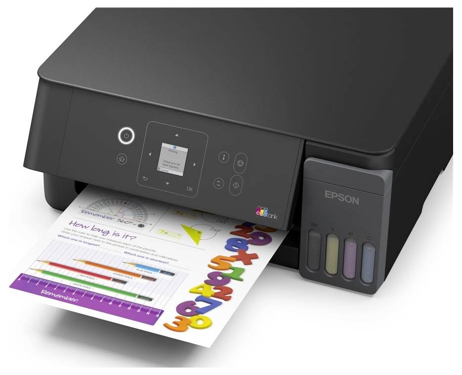 Imprimante tout-en-un Epson noire imprimant une page de rapport en couleur avec des graphiques et le texte « Quelle est sa durée ? ».