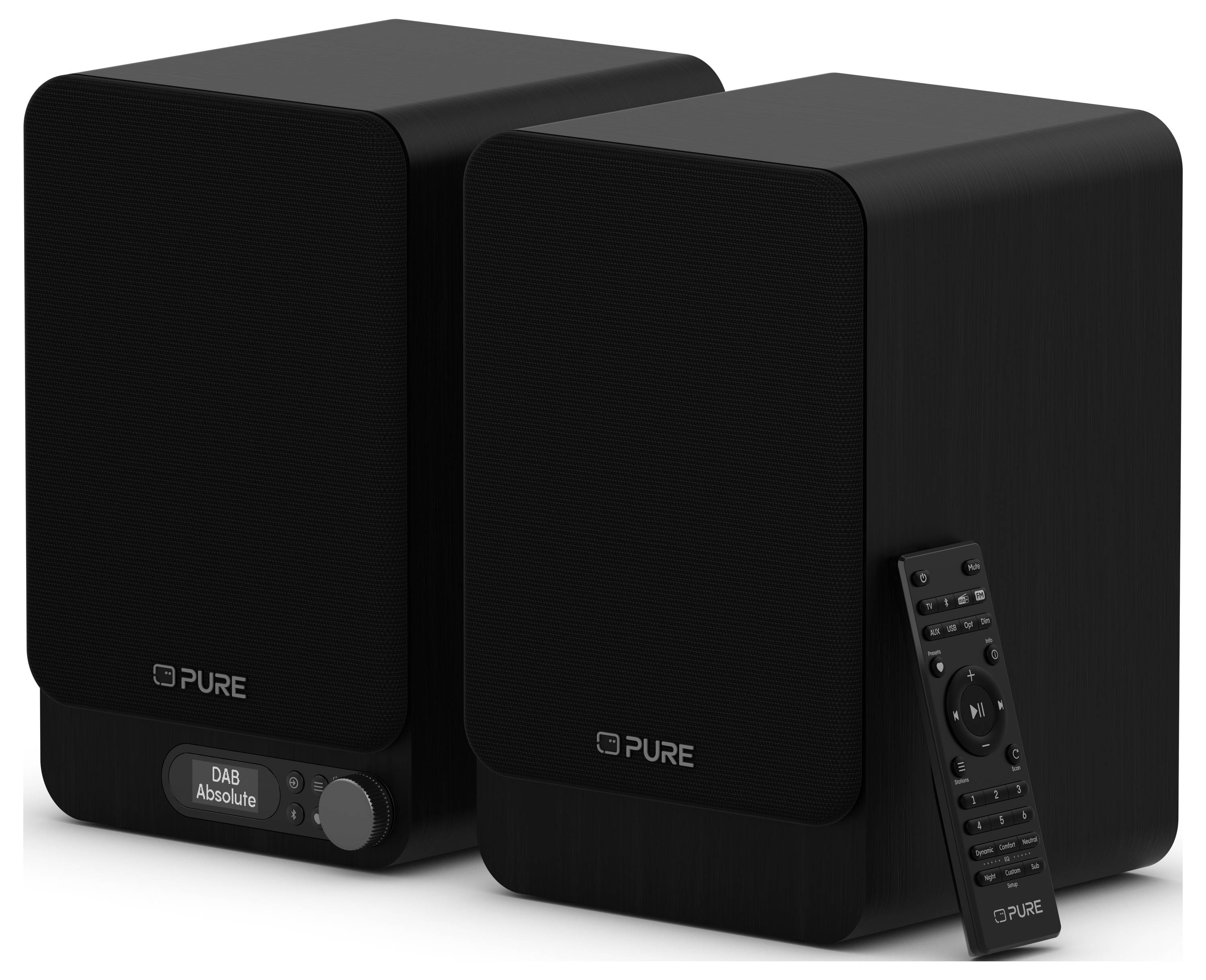 Paire de haut-parleurs de bibliothèque noirs présentés de face et de dos, avec des pilotes visibles, des bornes arrière et une étiquette indiquant « PURE Classic Active HDMI ».