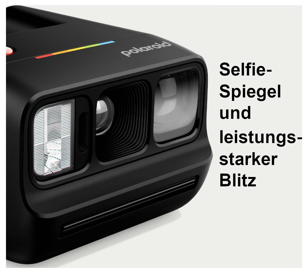 Gros plan d'un appareil photo Polaroid avec miroir pour selfie et flash puissant ; à côté se trouve « Miroir pour selfie et flash puissant ».