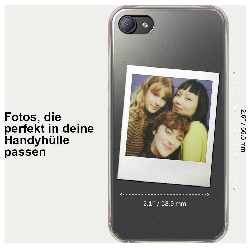 Étui de téléphone avec photo Polaroïd carrée ; les dimensions indiquent 2,1 pouces/53,9 mm de largeur et 2,6 pouces/66,6 mm de hauteur.
