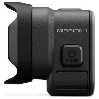 Caméra d'action Black Mission 1 vue de côté avec objectif, bouton d'alimentation/mode et support de montage