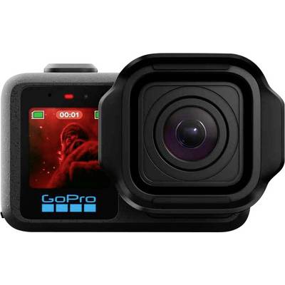 Vue de face d'une caméra d'action GoPro avec un grand objectif et un petit écran arrière affichant une image d'enregistrement rouge et un minuteur 00:01.