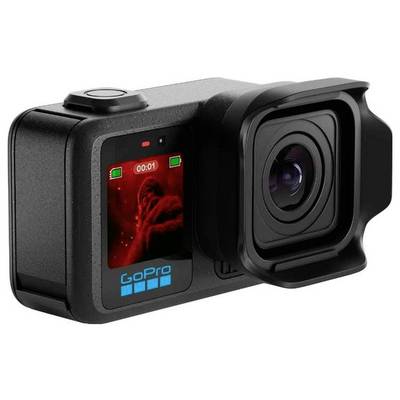 Caméra d'action GoPro noire présentée de face avec l'objectif et un petit écran arrière affichant un écran d'enregistrement rouge et le logo 'GoPro'.