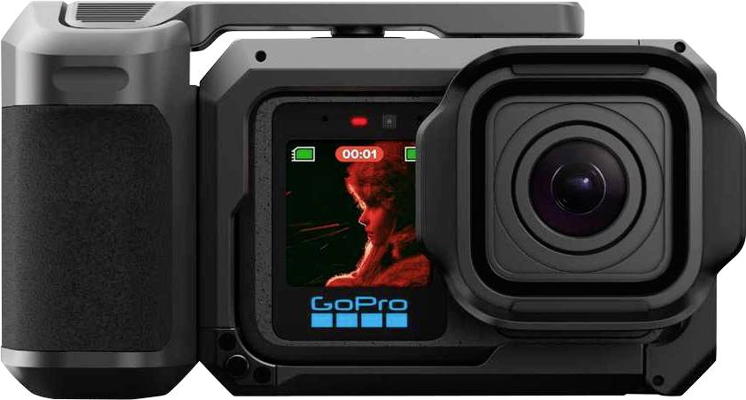 Caméra d'action GoPro noire présentée de face, avec un grand objectif et un petit écran d'état affichant une image d'enregistrement rouge et le logo « GoPro ».