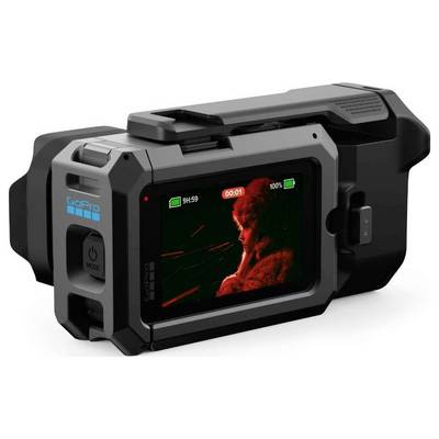 Caméra GoPro dans un boîtier de protection, montrant son écran tactile arrière avec un sujet éclairé en rouge et des indicateurs d'enregistrement.