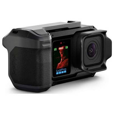 Caméra d'action GoPro avec un grand boîtier d'objectif et un écran tactile arrière, présentée en noir sur un fond blanc.