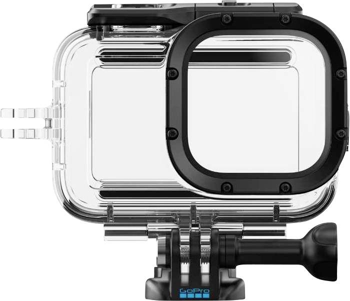 Boîtier étanche pour caméra GoPro avec coque transparente, cadre avant noir et support de montage, présenté sur un fond blanc.