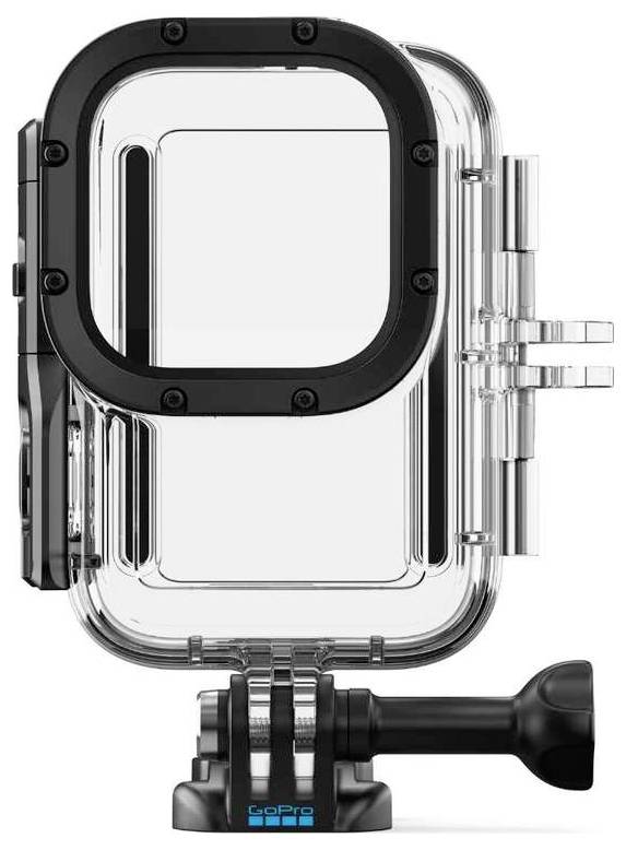 Boîtier de protection étanche transparent pour GoPro avec cadre noir, loquet latéral et base montée présentée sur fond blanc.