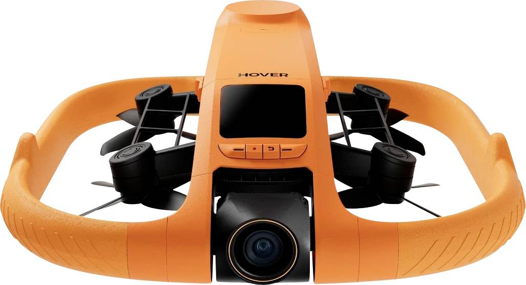Drone Orange HOVER avec garde en forme d'anneau, caméra frontale et écran de contrôle central, présenté sur un fond blanc.