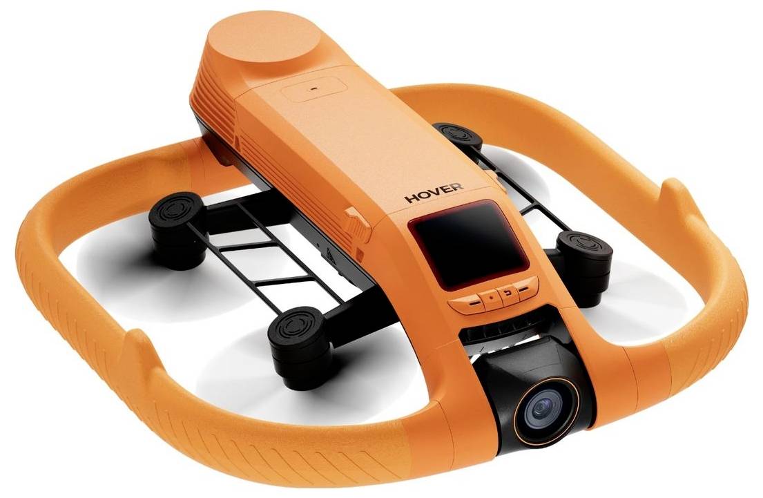 Drone Orange HOVER avec anneau de protection d'hélices fermé et objectif frontal monté sur un fond blanc.