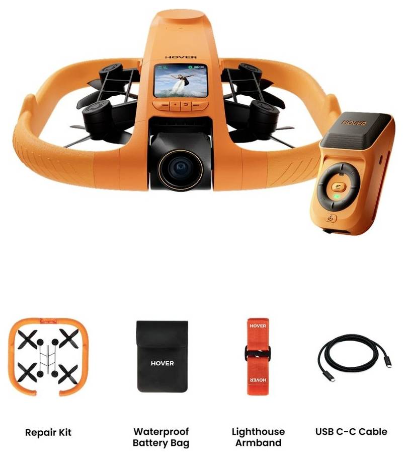 Drone Orange Hover avec caméra intégrée et télécommande, présenté avec kit de réparation, sac de batterie étanche, batterie phare, et câble USB C-C.
