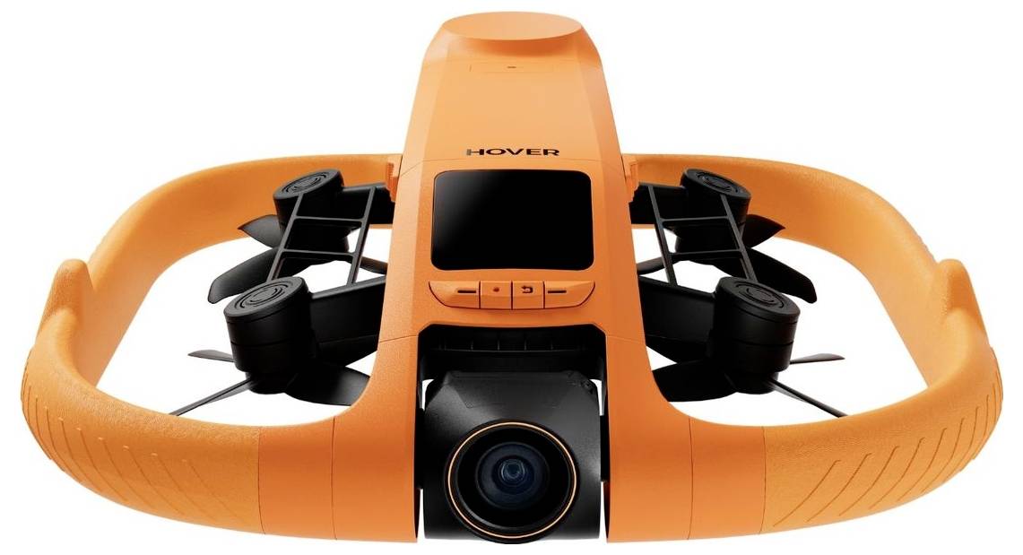 Drone Orange HOVER avec protecteurs d'hélice fermés et caméra frontale, présenté de face sur un fond blanc.