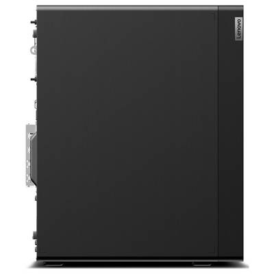Vue de face d'une tour d'ordinateur de bureau Lenovo noire avec un badge de marque vertical et fin sur le côté droit.
