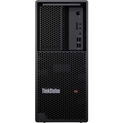 Vue de face d'une station de travail tour Lenovo ThinkStation P3 avec panneau de grille avant hexagonale et ports avant sur le côté droit