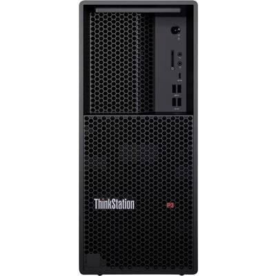 Vue de face d'une tour de bureau Lenovo ThinkStation P3 avec des évents de maille hexagonale et les ports d'alimentation, USB et audio situés à l'avant.